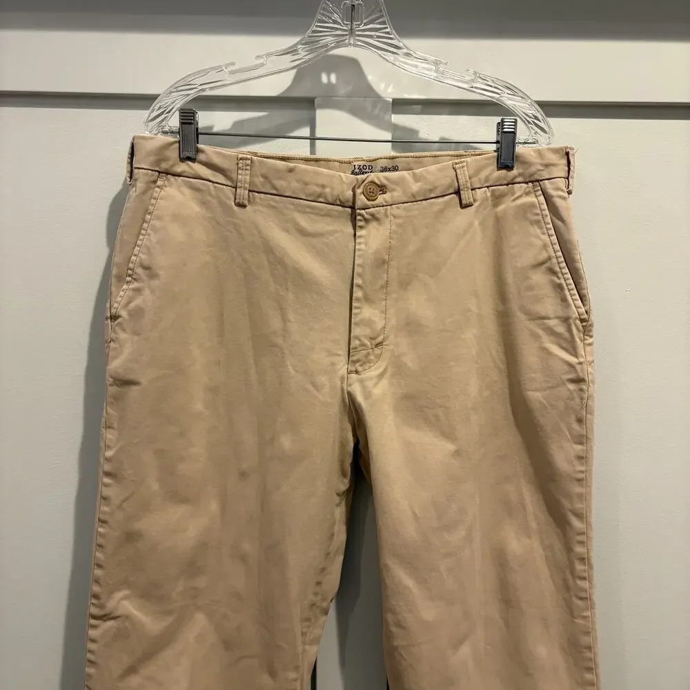 Izod Saltwater Chino Men Size 34x28 (Tag 36x30) Tan Khaki Pants Straight Stretch